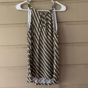 Olive green and white striped blouse.